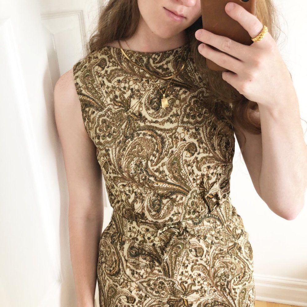 Stunning Vintage Vogue MCM Glittery Gold Print Belted Midi Dress Formal Cocktail - Picture 4 of 8